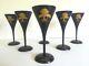 Vtg MID Century Japan Rare Black Lacquer Gilded Trees Wine Stem Glasses 6pc Set