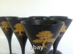 Vtg MID Century Japan Rare Black Lacquer Gilded Trees Wine Stem Glasses 6pc Set