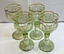 Vtg. Moser Bohemian Green Gold Gilded Vaseline/Uranium Cordial Glass Set of Four