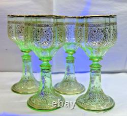 Vtg. Moser Bohemian Green Gold Gilded Vaseline/Uranium Cordial Glass Set of Four