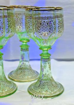 Vtg. Moser Bohemian Green Gold Gilded Vaseline/Uranium Cordial Glass Set of Four