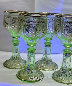 Vtg. Moser Bohemian Green Gold Gilded Vaseline/Uranium Cordial Glass Set of Four
