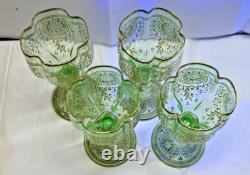 Vtg. Moser Bohemian Green Gold Gilded Vaseline/Uranium Cordial Glass Set of Four