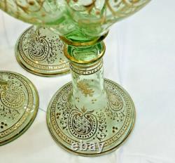 Vtg. Moser Bohemian Green Gold Gilded Vaseline/Uranium Cordial Glass Set of Four
