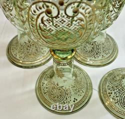 Vtg. Moser Bohemian Green Gold Gilded Vaseline/Uranium Cordial Glass Set of Four