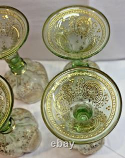 Vtg. Moser Bohemian Green Gold Gilded Vaseline/Uranium Cordial Glass Set of Four