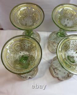 Vtg. Moser Bohemian Green Gold Gilded Vaseline/Uranium Cordial Glass Set of Four