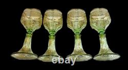 Vtg. Moser Bohemian Green Gold Gilded Vaseline/Uranium Cordial Glass Set of Four