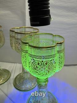 Vtg. Moser Bohemian Green Gold Gilded Vaseline/Uranium Cordial Glass Set of Four