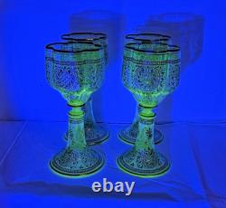 Vtg. Moser Bohemian Green Gold Gilded Vaseline/Uranium Cordial Glass Set of Four