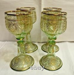Vtg. Moser Bohemian Green Gold Gilded Vaseline/Uranium Cordial Glass Set of Four