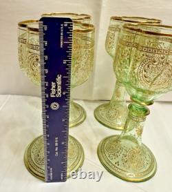Vtg. Moser Bohemian Green Gold Gilded Vaseline/Uranium Cordial Glass Set of Four