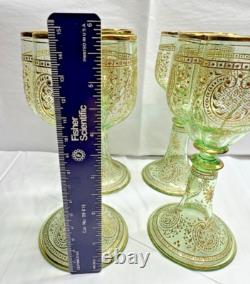 Vtg. Moser Bohemian Green Gold Gilded Vaseline/Uranium Cordial Glass Set of Four