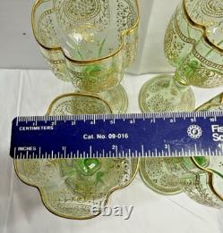 Vtg. Moser Bohemian Green Gold Gilded Vaseline/Uranium Cordial Glass Set of Four