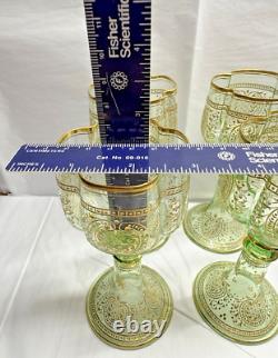 Vtg. Moser Bohemian Green Gold Gilded Vaseline/Uranium Cordial Glass Set of Four