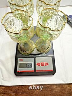 Vtg. Moser Bohemian Green Gold Gilded Vaseline/Uranium Cordial Glass Set of Four