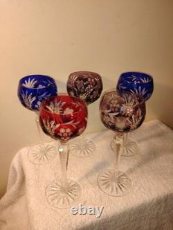 Vtg Nachtmann Bohemia Cut To Clear Crystal Wine Glasses 2 Blue 1 Red 2 Amethyst
