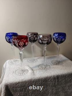 Vtg Nachtmann Bohemia Cut To Clear Crystal Wine Glasses 2 Blue 1 Red 2 Amethyst