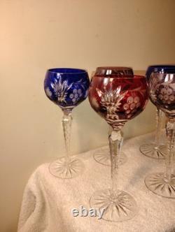 Vtg Nachtmann Bohemia Cut To Clear Crystal Wine Glasses 2 Blue 1 Red 2 Amethyst