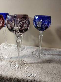 Vtg Nachtmann Bohemia Cut To Clear Crystal Wine Glasses 2 Blue 1 Red 2 Amethyst