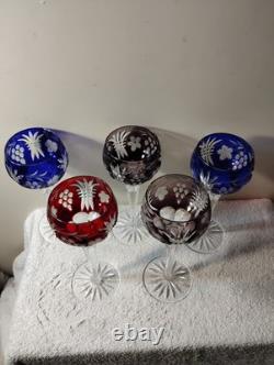 Vtg Nachtmann Bohemia Cut To Clear Crystal Wine Glasses 2 Blue 1 Red 2 Amethyst