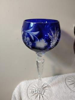Vtg Nachtmann Bohemia Cut To Clear Crystal Wine Glasses 2 Blue 1 Red 2 Amethyst