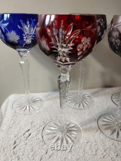 Vtg Nachtmann Bohemia Cut To Clear Crystal Wine Glasses 2 Blue 1 Red 2 Amethyst