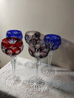 Vtg Nachtmann Bohemia Cut To Clear Crystal Wine Glasses 2 Blue 1 Red 2 Amethyst