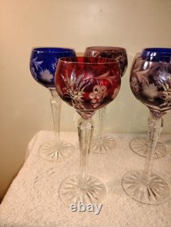 Vtg Nachtmann Bohemia Cut To Clear Crystal Wine Glasses 2 Blue 1 Red 2 Amethyst