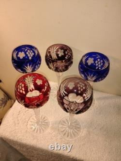 Vtg Nachtmann Bohemia Cut To Clear Crystal Wine Glasses 2 Blue 1 Red 2 Amethyst