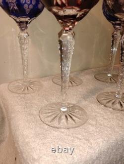 Vtg Nachtmann Bohemia Cut To Clear Crystal Wine Glasses 2 Blue 1 Red 2 Amethyst