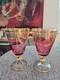 Vtg Rare J Preziosi Cranberry Gold Wine Glasses Pair Made in Italy Hand Decorate