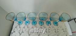 Vtg Romanian Glass Wine Decanter with6 Blue Matching Wine Glasses withGold Overlay