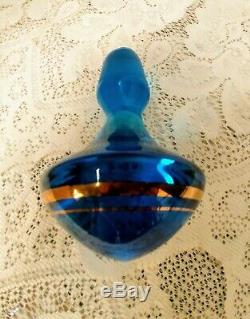 Vtg Romanian Glass Wine Decanter with6 Blue Matching Wine Glasses withGold Overlay
