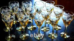Vtg SET 14 Lancaster Yellow Topaz CUT FLORAL Wine Glasses ART DECO 1920s 4 5/8
