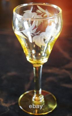 Vtg SET 14 Lancaster Yellow Topaz CUT FLORAL Wine Glasses ART DECO 1920s 4 5/8