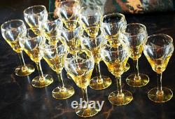 Vtg SET 14 Lancaster Yellow Topaz CUT FLORAL Wine Glasses ART DECO 1920s 4 5/8