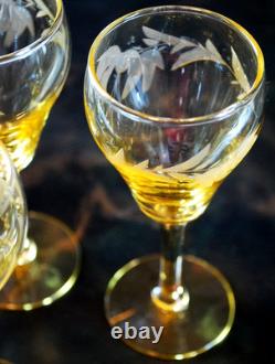 Vtg SET 14 Lancaster Yellow Topaz CUT FLORAL Wine Glasses ART DECO 1920s 4 5/8