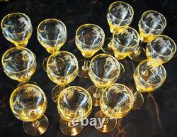 Vtg SET 14 Lancaster Yellow Topaz CUT FLORAL Wine Glasses ART DECO 1920s 4 5/8