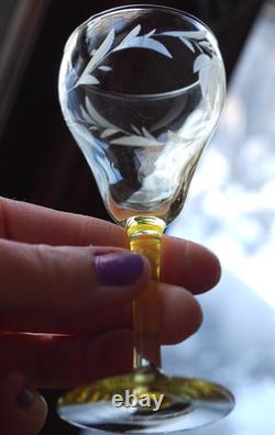 Vtg SET 14 Lancaster Yellow Topaz CUT FLORAL Wine Glasses ART DECO 1920s 4 5/8