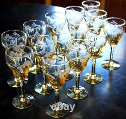 Vtg SET 14 Lancaster Yellow Topaz CUT FLORAL Wine Glasses ART DECO 1920s 4 5/8