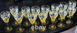 Vtg SET 14 Lancaster Yellow Topaz CUT FLORAL Wine Glasses ART DECO 1920s 4 5/8