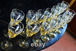 Vtg SET 14 Lancaster Yellow Topaz CUT FLORAL Wine Glasses ART DECO 1920s 4 5/8