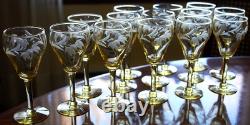 Vtg SET 14 Lancaster Yellow Topaz CUT FLORAL Wine Glasses ART DECO 1920s 4 5/8