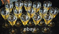 Vtg SET 14 Lancaster Yellow Topaz CUT FLORAL Wine Glasses ART DECO 1920s 4 5/8