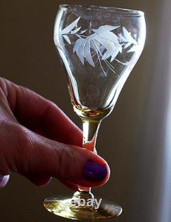 Vtg SET 14 Lancaster Yellow Topaz CUT FLORAL Wine Glasses ART DECO 1920s 4 5/8