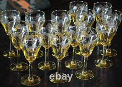 Vtg SET 14 Lancaster Yellow Topaz CUT FLORAL Wine Glasses ART DECO 1920s 4 5/8