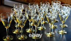 Vtg SET 14 Lancaster Yellow Topaz CUT FLORAL Wine Glasses ART DECO 1920s 4 5/8