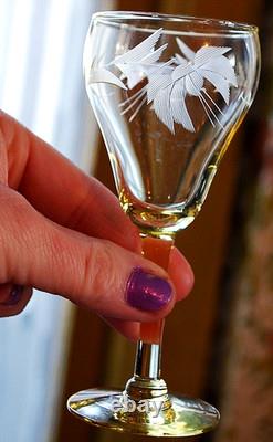 Vtg SET 14 Lancaster Yellow Topaz CUT FLORAL Wine Glasses ART DECO 1920s 4 5/8