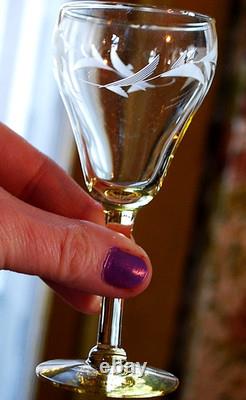 Vtg SET 14 Lancaster Yellow Topaz CUT FLORAL Wine Glasses ART DECO 1920s 4 5/8